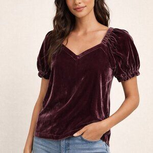 LOFT crushed velvet puff sleeve plum top size xs